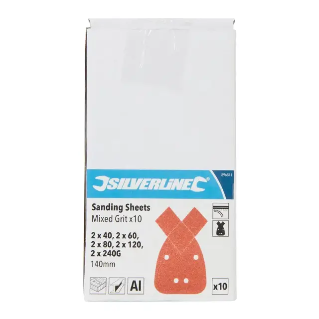 Arkusz ścierny z 2 wymiennymi końcówkami i mocowaniem na rzep 140 mm, 10 szt. Uziarnienie 2 x 40, 60, 80, 120 i 240 - Silverline